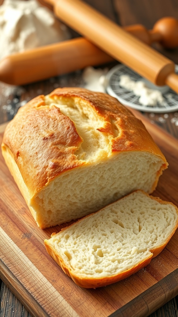 Freshly baked golden-brown yeast bread on a cutting board with slices revealing a fluffy interior.